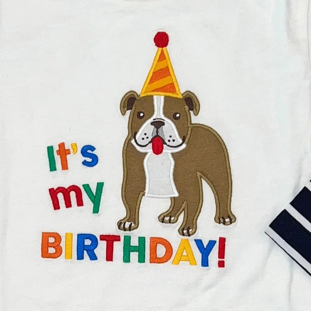 NWT Gymboree Boys Ivory and Navy Striped Embroidered Dog Birthday Shirt
